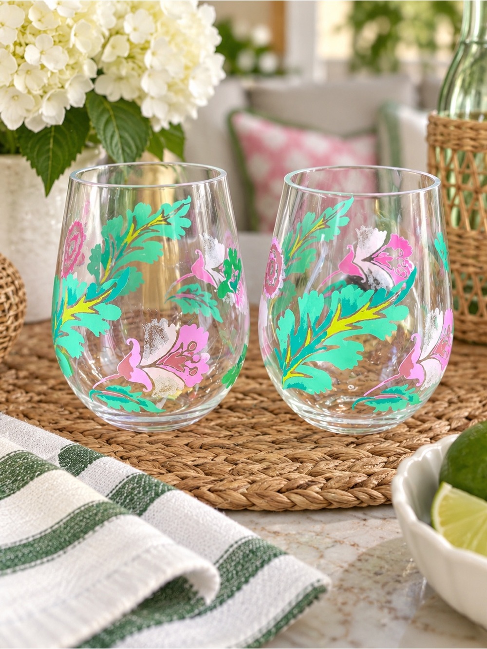 Floral Plastic Stemless Wine Glasses Set of 2 Pink Teal Pool Patio